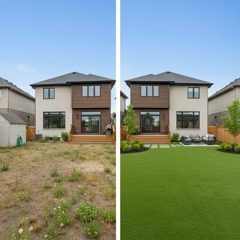 Turf supplier transformation - before and after by Meadows Landscaping Airdrie in Airdrie